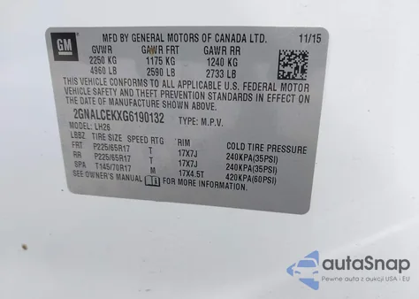 2016 Chevrolet Equinox Lt z USA, uszkodzony, nr VIN 2GNALCEKXG6190132